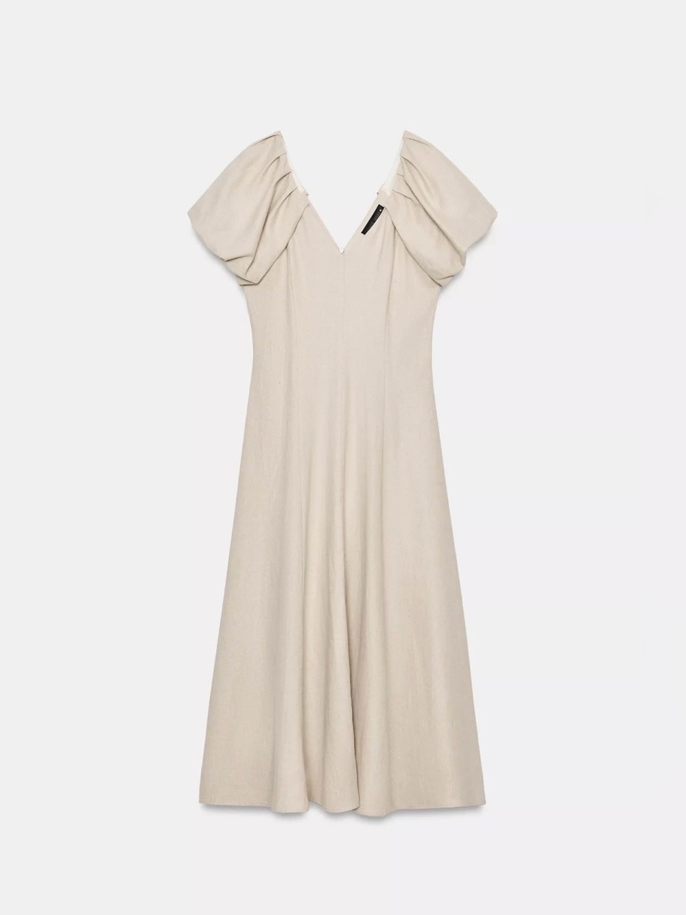 ZARA NWT V-Neck Puff Sleeve Midi Dress in Light Beige